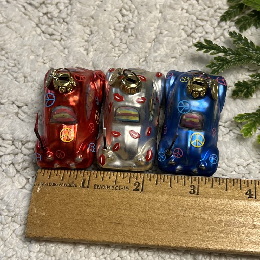 Dept 56 Set of 3 Glass Bug Beetle Car Ornaments Peace Lips Kiss Department - Picture 11 of 13